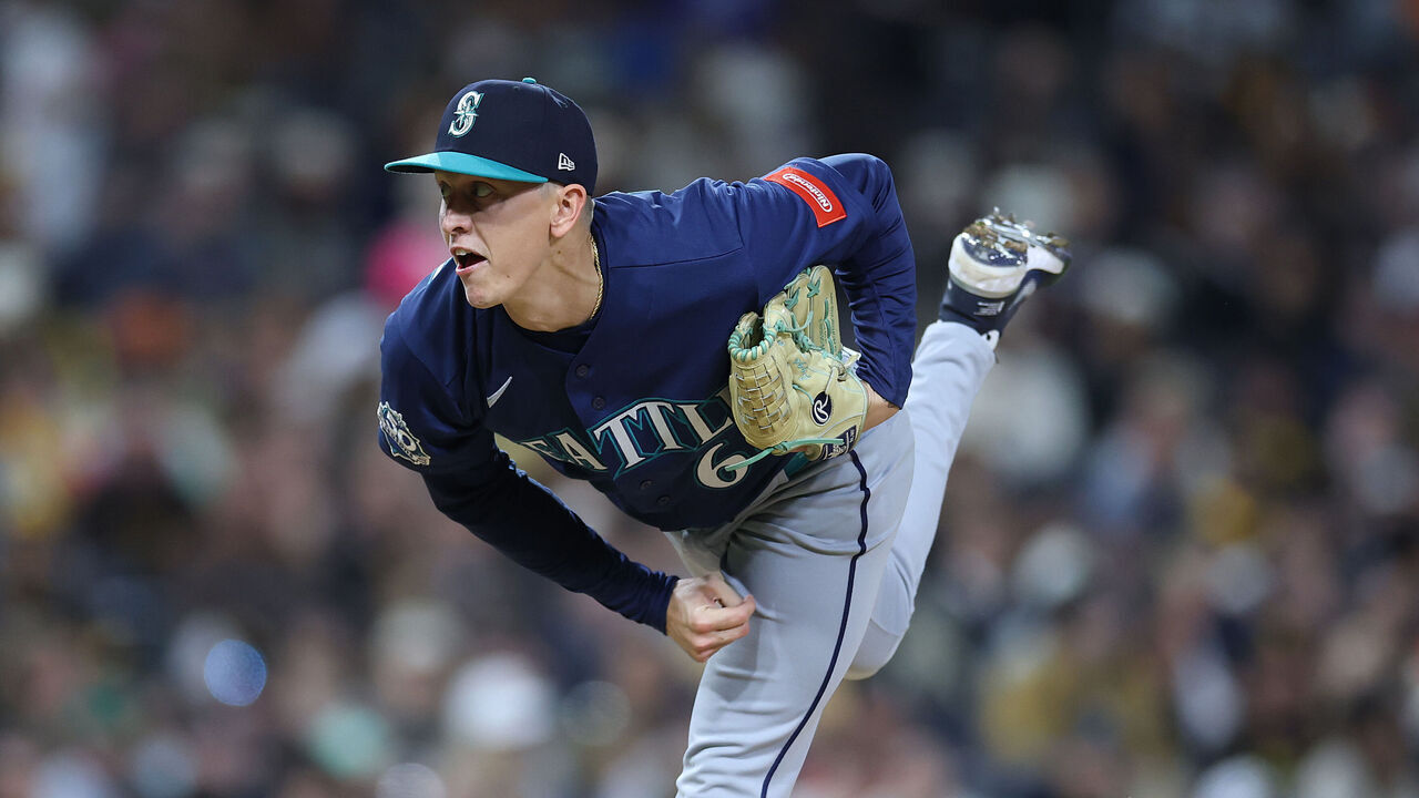 SAN DIEGO, CALIFORNIA - APRIL 14: Casey Legumina #64 of the Seattle Mariners pitches during the eighth inning of a game against the San Diego Padres at Petco Park on April 14, 2026 in San Diego, California.