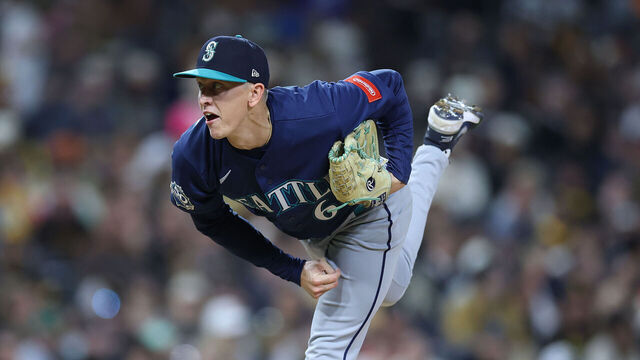 SAN DIEGO, CALIFORNIA - APRIL 14: Casey Legumina #64 of the Seattle Mariners pitches during the eighth inning of a game against the San Diego Padres at Petco Park on April 14, 2026 in San Diego, California.