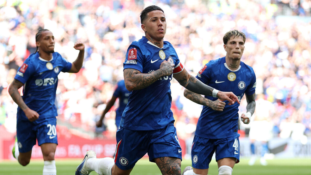 LONDON, ENGLAND - APRIL 26: Enzo Fernandez of Chelsea celebrates scoring his team's first goal during the Emirates FA Cup Semi Final match between Chelsea and Leeds United at Wembley Stadium on April 26, 2026 in London, England.