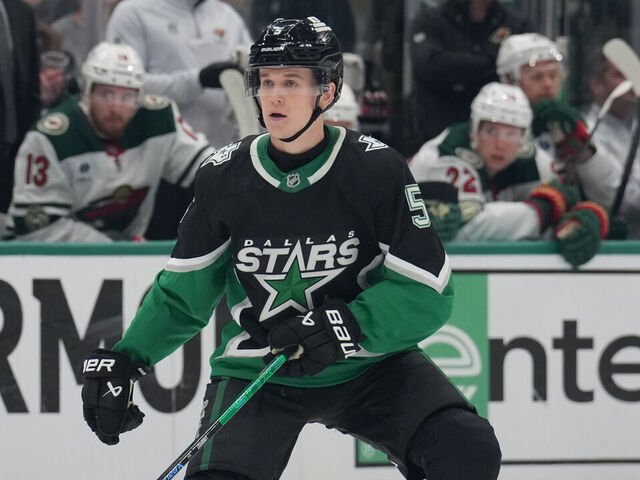 DALLAS, TX - APRIL 20: Nils Lundkvist #5 of the Dallas Stars skates against the Minnesota Wild in Game Two of the First Round of the 2026 Stanley Cup Playoffs during the first period at the American Airlines Center on April 20, 2026 in Dallas, Texas.