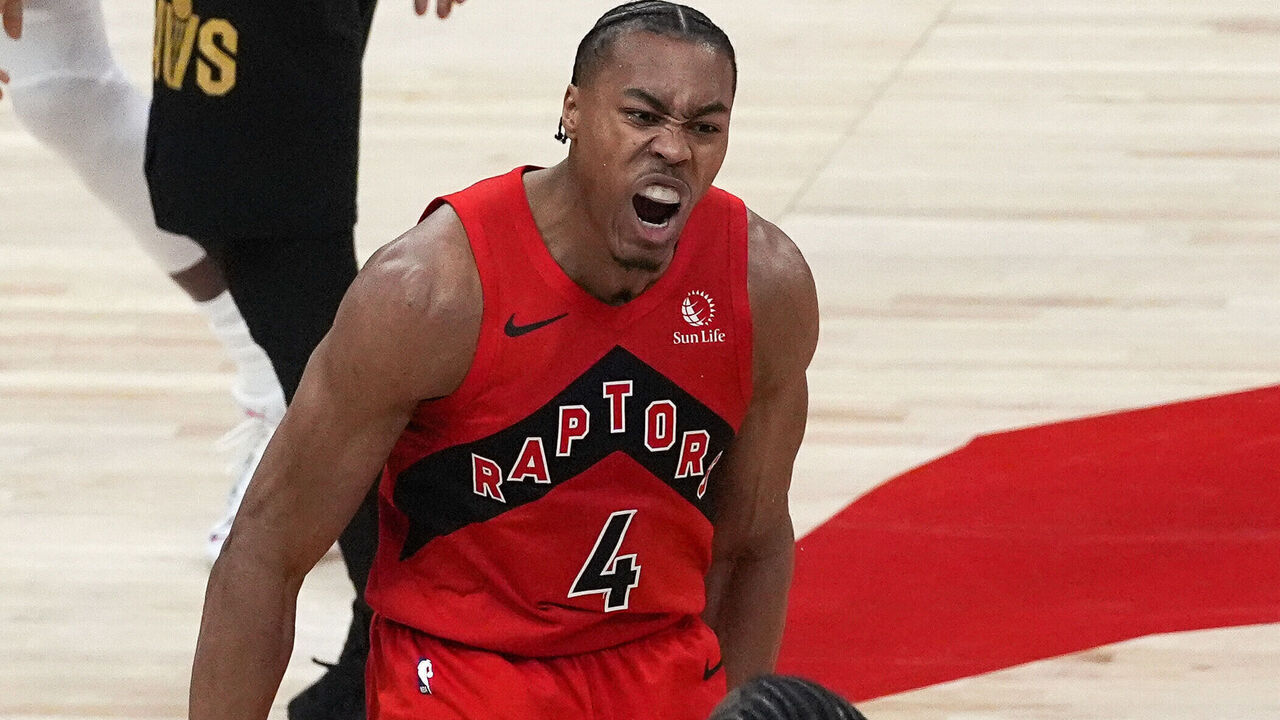 TORONTO, CANADA - APRIL 26 : Scottie Barnes (4) of Toronto Raptors gestures after a dunk during the Game Four of the Eastern Conference First Round NBA Playoffs between Cleveland Cavaliers and Toronto Raptors at the Scotiabank Arena on April 26, 2026 in Toronto, Ontario, Canada.