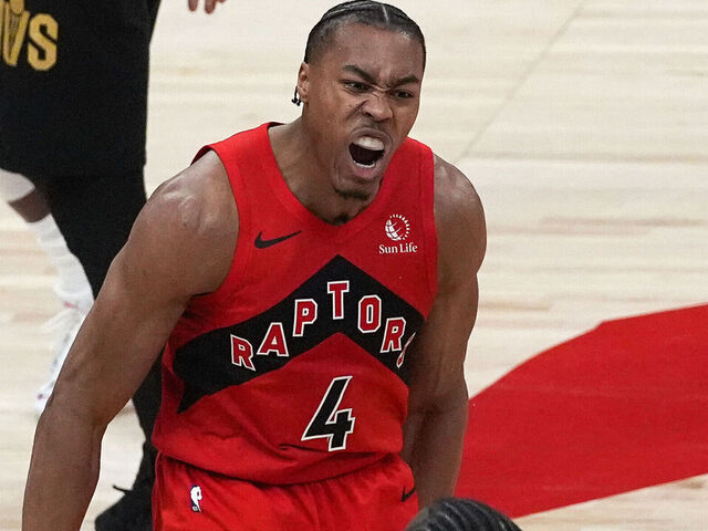 TORONTO, CANADA - APRIL 26 : Scottie Barnes (4) of Toronto Raptors gestures after a dunk during the Game Four of the Eastern Conference First Round NBA Playoffs between Cleveland Cavaliers and Toronto Raptors at the Scotiabank Arena on April 26, 2026 in Toronto, Ontario, Canada.