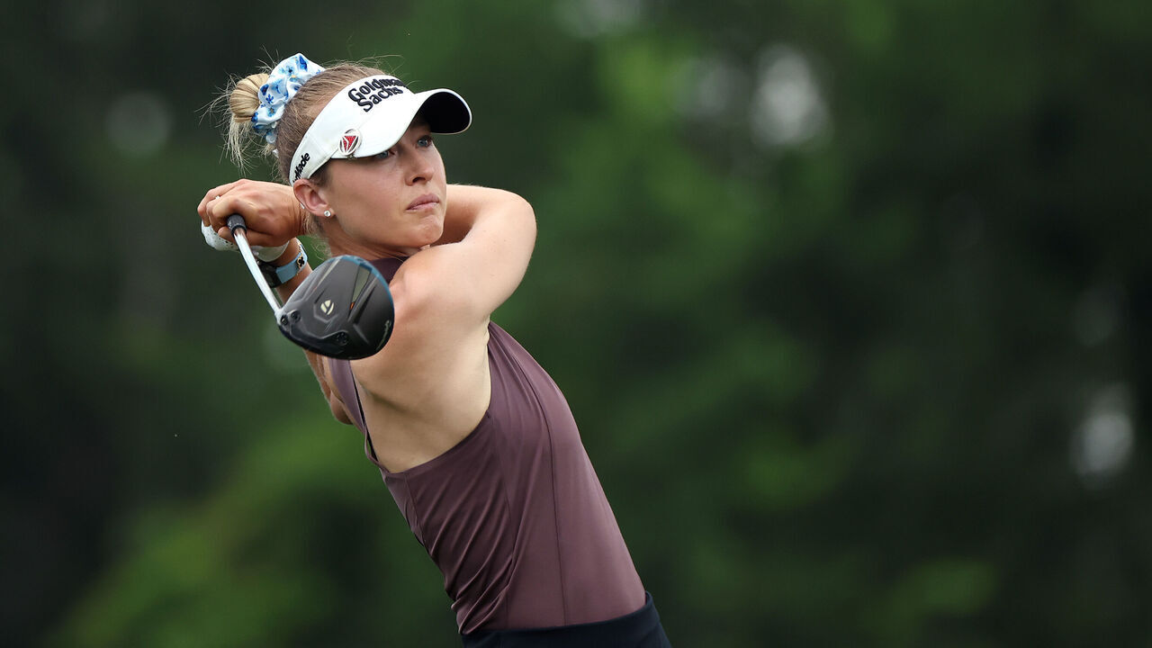 HOUSTON, TEXAS - APRIL 26: Nelly Korda of the United States plays her shot from the fifth tee during the final round of The Chevron Championship 2026 at Memorial Park Golf Course on April 26, 2026 in Houston, Texas.