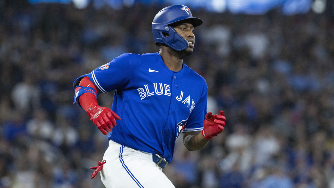 TORONTO, CANADA - APRIL 26: Jesús Sánchez #12 of the Toronto Blue Jays rounds the bases after hitting a home run on a fly ball to right field in the sixth inning of a game against the Cleveland Guardians at the Rogers Centre on April 26, 2026 in Toronto, Canada.