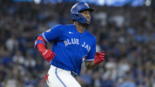 TORONTO, CANADA - APRIL 26: Jesús Sánchez #12 of the Toronto Blue Jays rounds the bases after hitting a home run on a fly ball to right field in the sixth inning of a game against the Cleveland Guardians at the Rogers Centre on April 26, 2026 in Toronto, Canada.
