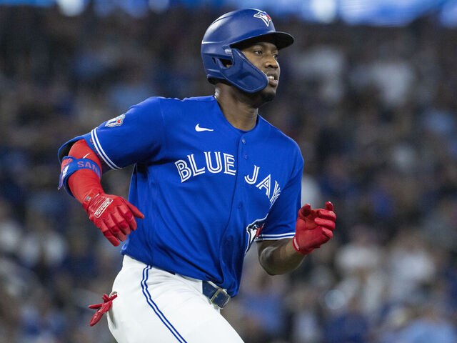 TORONTO, CANADA - APRIL 26: Jesús Sánchez #12 of the Toronto Blue Jays rounds the bases after hitting a home run on a fly ball to right field in the sixth inning of a game against the Cleveland Guardians at the Rogers Centre on April 26, 2026 in Toronto, Canada.