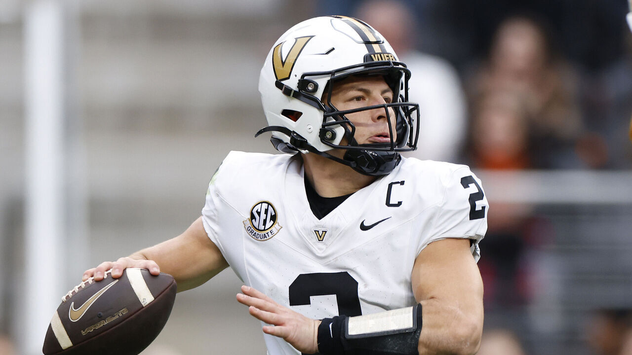 KNOXVILLE, TENNESSEE - NOVEMBER 29: Diego Pavia #2 of the Vanderbilt Commodores drops back to pass during the first half of the game against the Tennessee Volunteers at Neyland Stadium on November 29, 2025 in Knoxville, Tennessee.