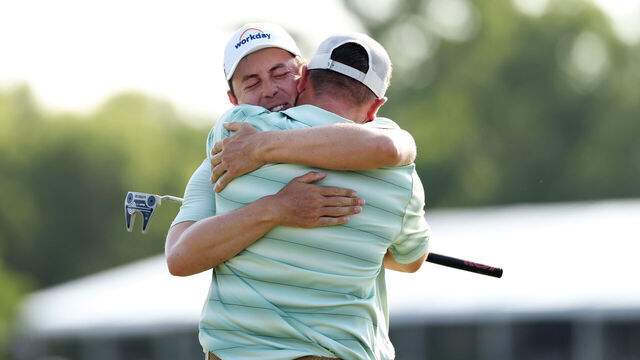 AVONDALE, LOUISIANA - APRIL 26: Matt Fitzpatrick (L) of England and partner Alex Fitzpatrick of England celebrate on the 18th green after winning the Zurich Classic of New Orleans 2026 at TPC Louisiana on April 26, 2026 in Avondale, Louisiana.