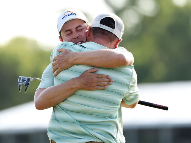 AVONDALE, LOUISIANA - APRIL 26: Matt Fitzpatrick (L) of England and partner Alex Fitzpatrick of England celebrate on the 18th green after winning the Zurich Classic of New Orleans 2026 at TPC Louisiana on April 26, 2026 in Avondale, Louisiana.