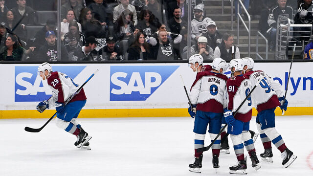LOS ANGELES, CA - APRIL 26: Nathan MacKinnon #29 of the Colorado Avalanche celebrates his goal with teammates during the first period against the Los Angeles Kings in Game Four of the First Round of the 2026 Stanley Cup Playoffs at Crypto.com Arena on April 26, 2026 in Los Angeles, California.