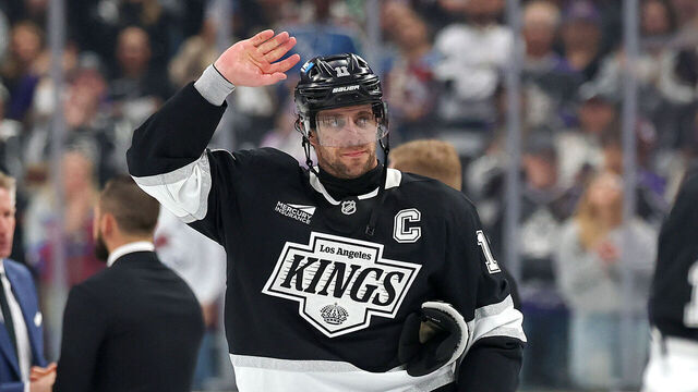 LOS ANGELES, CALIFORNIA - APRIL 26: Anze Kopitar #11 of the Los Angeles Kings salutes the fans after the 5-1 loss against the Colorado Avalanche in Game Four of the First Round of the 2026 Stanley Cup Playoffs at Crypto.com Arena on April 26, 2026 in Los Angeles, California. Anze Kopitar plans to retire at the conclusion of this season.