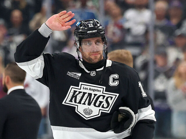 LOS ANGELES, CALIFORNIA - APRIL 26: Anze Kopitar #11 of the Los Angeles Kings salutes the fans after the 5-1 loss against the Colorado Avalanche in Game Four of the First Round of the 2026 Stanley Cup Playoffs at Crypto.com Arena on April 26, 2026 in Los Angeles, California. Anze Kopitar plans to retire at the conclusion of this season.