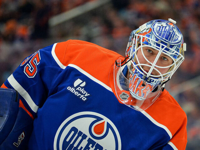 EDMONTON, CANADA - APRIL 20: Tristan Jarry #35 of the Edmonton Oilers participates in warmups prior to Game One of the First Round of the 2026 Stanley Cup Playoffs against the Anaheim Ducks at Rogers Place on April 20, 2026, in Edmonton, Alberta, Canada.
