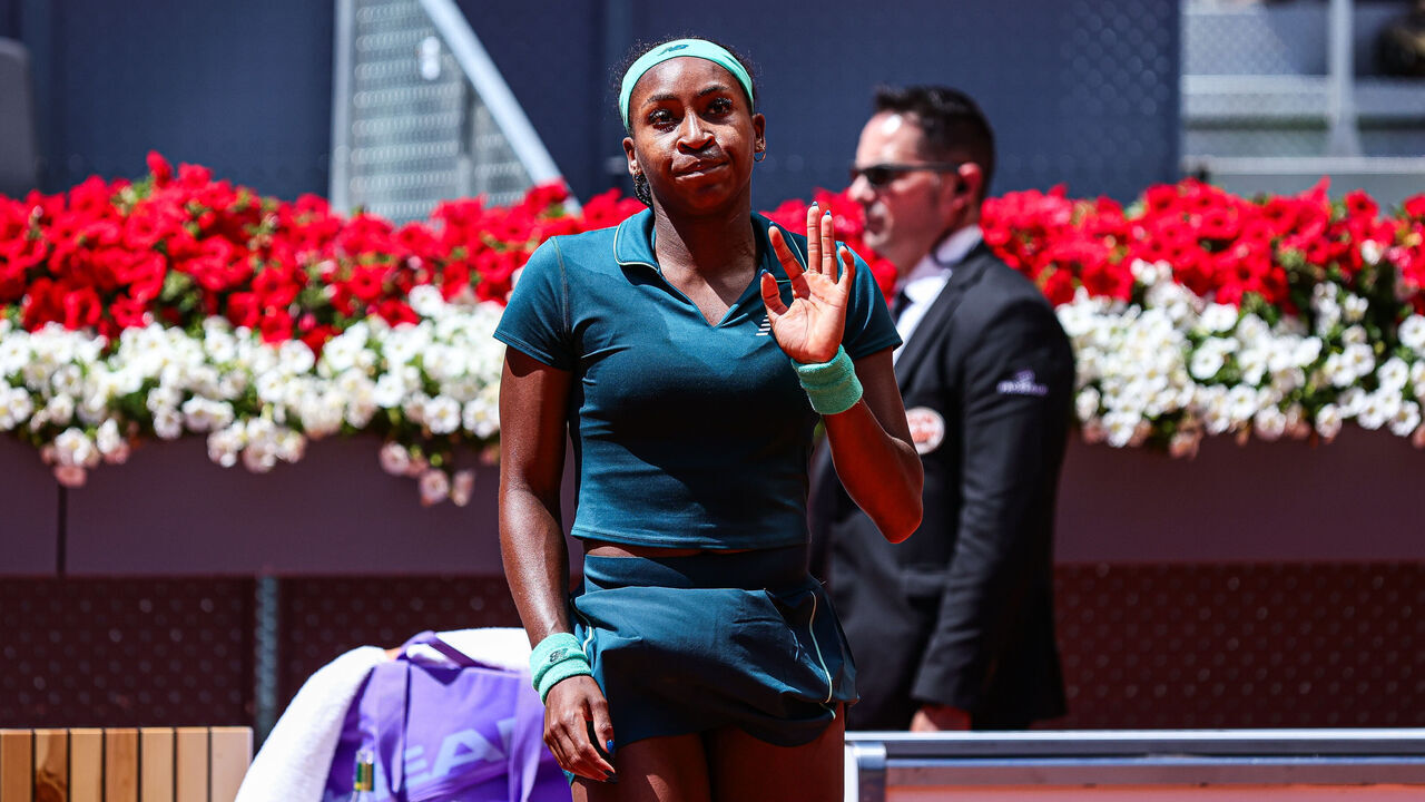 Coco Gauff of the United States celebrates during her Women's Singles match against Sorana Cirstea of Romania on Day Seven of the Mutua Madrid Open at La Caja Magica on April 26, 2026, in Madrid, Spain.