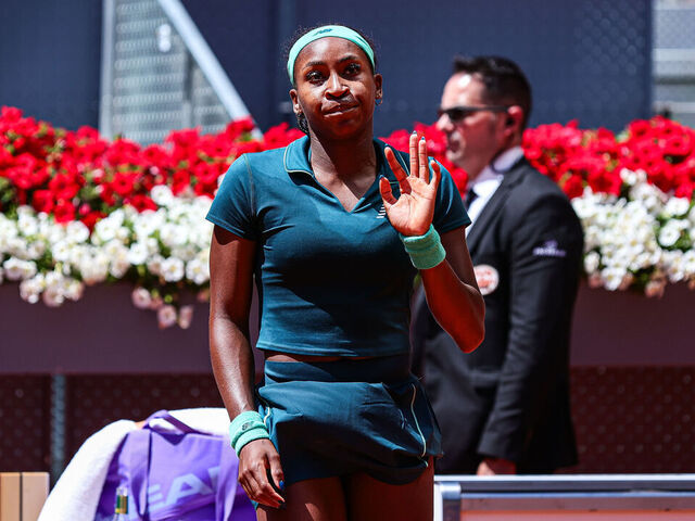 Coco Gauff of the United States celebrates during her Women's Singles match against Sorana Cirstea of Romania on Day Seven of the Mutua Madrid Open at La Caja Magica on April 26, 2026, in Madrid, Spain.