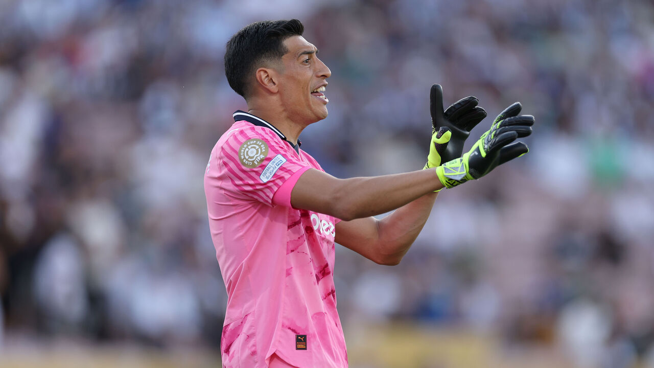 PASADENA, CALIFORNIA - JUNE 17: Goalkeeper Esteban Andrada of CF Monterrey reacts during the FIFA Club World Cup 2025 group E match between CF Monterrey and FC Internazionale Milano at Rose Bowl Stadium on June 17, 2025 in Pasadena, California.