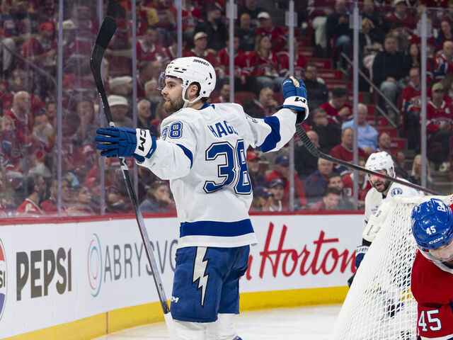 MONTREAL, CANADA- APRIL 26: Brandon Hagel #38 of the Tampa Bay Lightning celebrates after scoring a goal during the third period of Game Four of the First Round of the 2026 Stanley Cup Playoffs between the Montreal Canadiens and the Tampa Bay Lightning at the Bell Centre on April 26, 2026 in Montreal, Quebec, Canada.