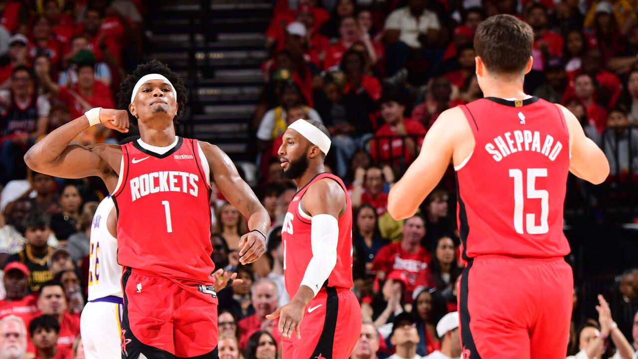 HOUSTON, TX - APRIL 26: Reed Sheppard #15 and Amen Thompson #1 of the Houston Rockets react during the game against the Los Angeles Lakers during Round One Game Four of the 2026 NBA Playoffs on April 26, 2026 at the Toyota Center in Houston, Texas. Mandatory Copyright Notice: Copyright 2026 NBAE