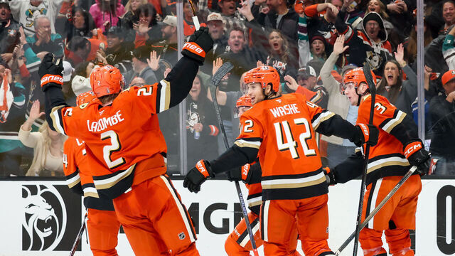 ANAHEIM, CA - APRIL 26: Jeffrey Viel #28 of the Anaheim Ducks celebrates his goal with teammates during the third period against the Edmonton Oilers in Game Four of the First Round of the 2026 Stanley Cup Playoffs at Honda Center on April 26, 2026 in Anaheim, California.
