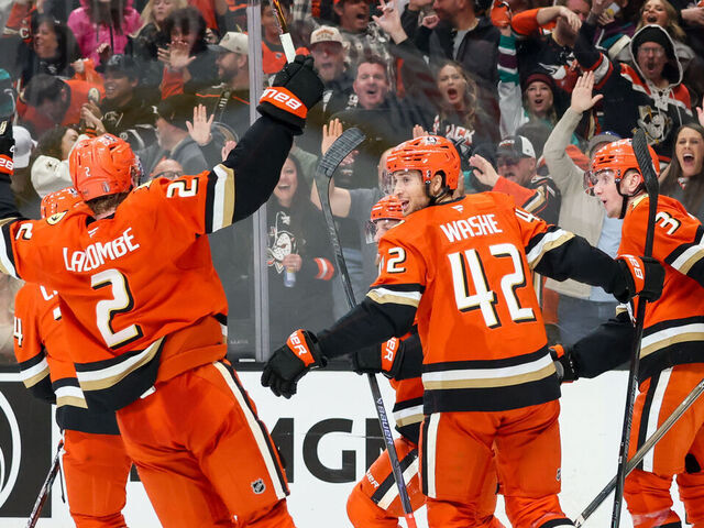 ANAHEIM, CA - APRIL 26: Jeffrey Viel #28 of the Anaheim Ducks celebrates his goal with teammates during the third period against the Edmonton Oilers in Game Four of the First Round of the 2026 Stanley Cup Playoffs at Honda Center on April 26, 2026 in Anaheim, California.