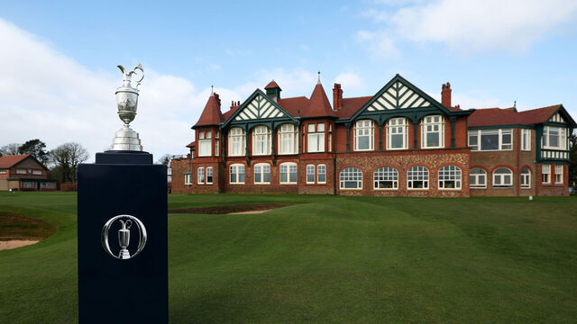 LYTHAM ST ANNES, ENGLAND - MARCH 30: The Claret Jug is displayed during the "Road to The Open" photocall at Royal Lytham & St. Annes which will host The 156th Open Championship in 2028 on March 30, 2026 in Lytham St Annes, England.