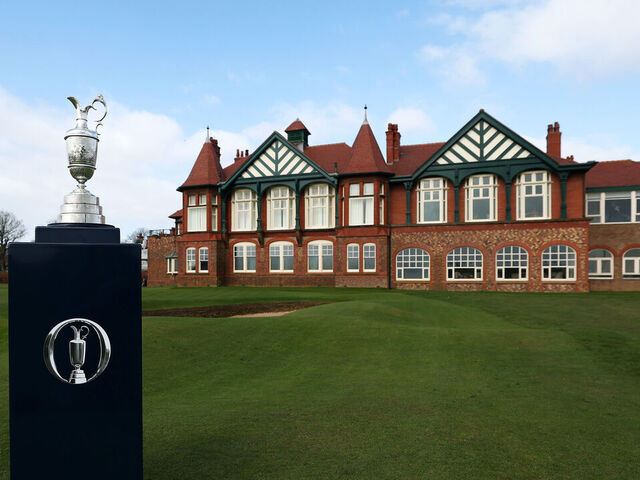 LYTHAM ST ANNES, ENGLAND - MARCH 30: The Claret Jug is displayed during the "Road to The Open" photocall at Royal Lytham & St. Annes which will host The 156th Open Championship in 2028 on March 30, 2026 in Lytham St Annes, England.