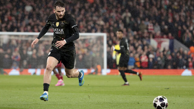 LIVERPOOL, ENGLAND - APRIL 14: Khvicha Kvaratskhelia of PSG during the UEFA Champions League 2025/26 Quarter-Final Second Leg match between Liverpool FC and Paris Saint-Germain (PSG) at Anfield on April 14, 2026 in Liverpool, England.