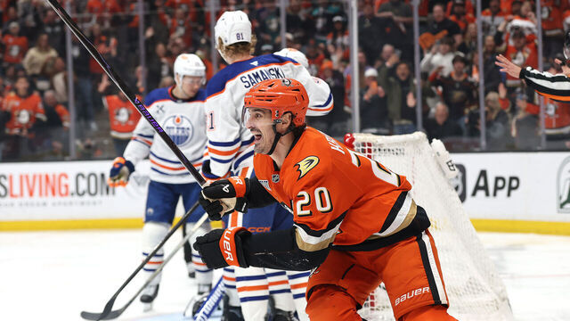 ANAHEIM, CALIFORNIA - APRIL 26: Chris Kreider #20 reacts after a goal scored by Ryan Poehling #25 of the Anaheim Ducks during the overtime period of Game Four of the First Round of the 2026 Stanley Cup Playoffs against the Edmonton Oilers at Honda Center on April 26, 2026 in Anaheim, California.