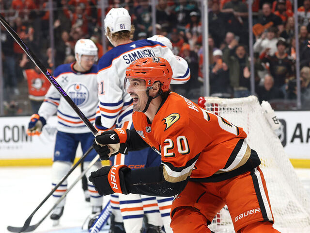 ANAHEIM, CALIFORNIA - APRIL 26: Chris Kreider #20 reacts after a goal scored by Ryan Poehling #25 of the Anaheim Ducks during the overtime period of Game Four of the First Round of the 2026 Stanley Cup Playoffs against the Edmonton Oilers at Honda Center on April 26, 2026 in Anaheim, California.