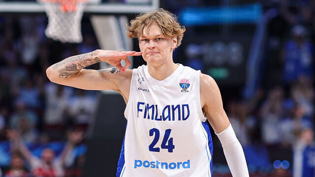 RIGA, LATVIA - SEPTEMBER 10: Miikka Muurinen of Finland reacts during the FIBA EuroBasket 2025 quarterfinal between Finland and Georgia at Arena Riga on September 10, 2025 in Riga, Latvia.