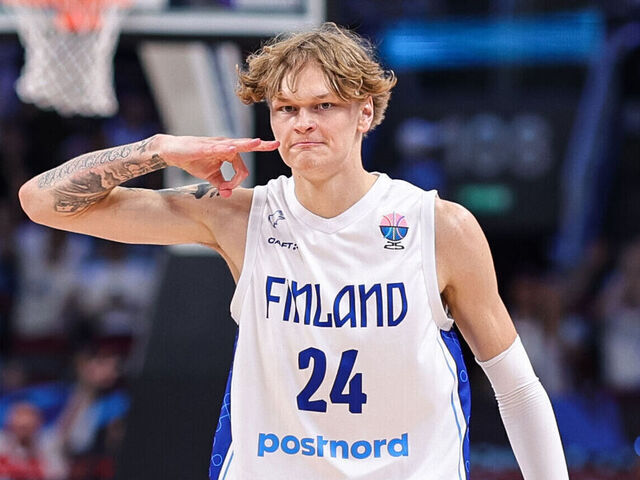 RIGA, LATVIA - SEPTEMBER 10: Miikka Muurinen of Finland reacts during the FIBA EuroBasket 2025 quarterfinal between Finland and Georgia at Arena Riga on September 10, 2025 in Riga, Latvia.