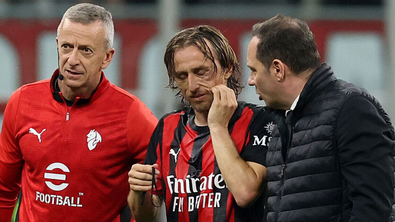 MILAN, ITALY - APRIL 26: Luka Modric of AC Milan injured during the Serie A match between AC Milan and Juventus FC at Giuseppe Meazza Stadium on April 26, 2026 in Milan, Italy.