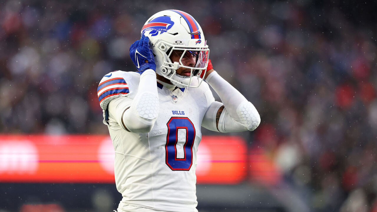 FOXBOROUGH, MASSACHUSETTS - DECEMBER 14: Keon Coleman #0 of the Buffalo Bills looks on during the third quarter against the New England Patriots at Gillette Stadium on December 14, 2025 in Foxborough, Massachusetts.