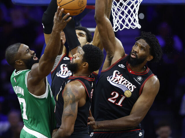 Philadelphia, PA - April 26: Boston Celtics guard Jaylen Brown goes up hard to the rim in the second quarter. The Boston Celtics and Philadelphia 76ers played in the first round of the NBA Playoffs at Xfinity Mobile Arena on April 26, 2026.
