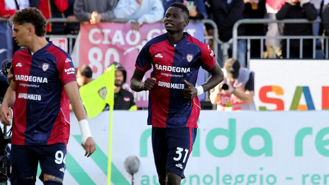 CAGLIARI, ITALY - APRIL 27: Paul Mendy of Cagliari celebrates his goal 1-0 during the Serie A match between Cagliari Calcio and Atalanta BC at Stadio Sant'Elia on April 27, 2026 in Cagliari, Italy.