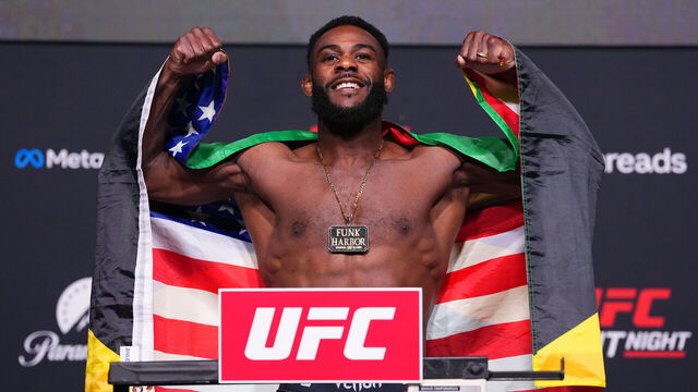 LAS VEGAS, NEVADA - APRIL 24: Aljamain Sterling poses on the scale during the UFC weigh-in at Meta APEX on April 24, 2026 in Las Vegas, Nevada.