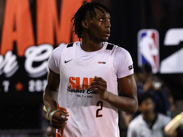 NEW YORK, NEW YORK - AUGUST 18: Class of 2026 recruit Dylan Mingo #2 looks on during the SLAM Summer Classic at Rucker Park on August 18, 2025 in New York City.