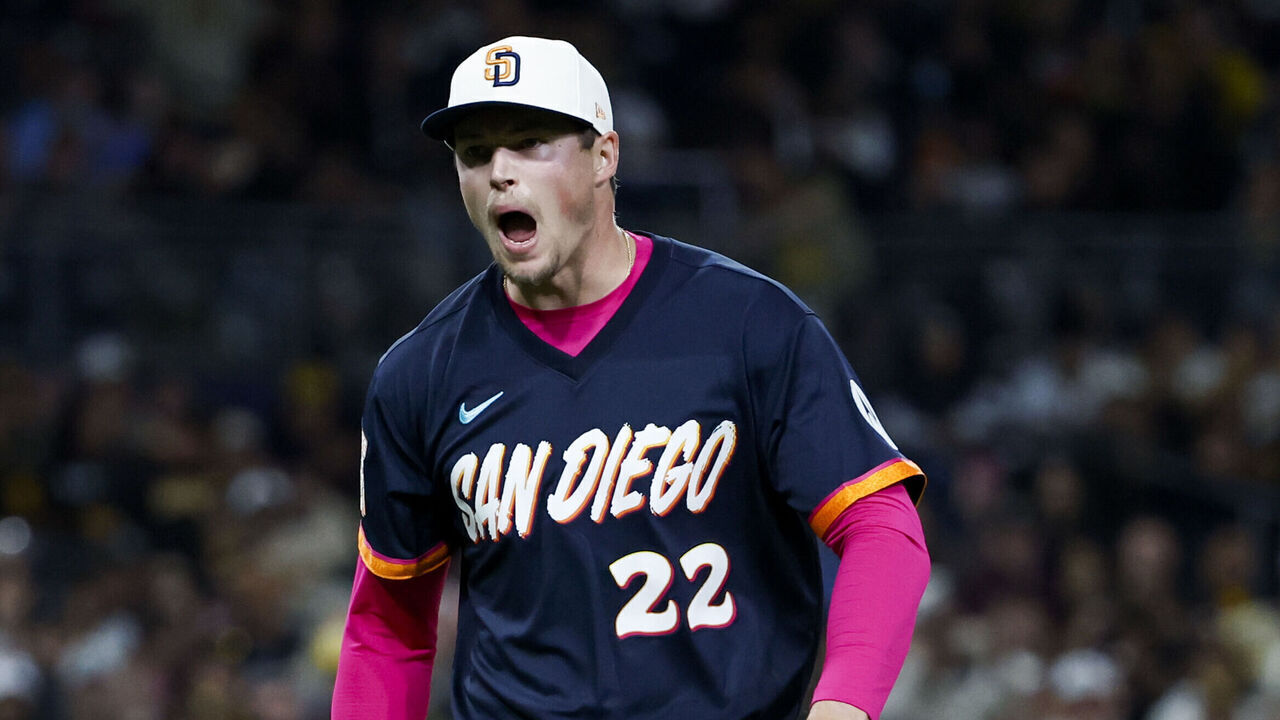 San Diego, California - April 10: Mason Miller #22 of the San Diego Padres celebrates during the ninth inning against the Colorado Rockies at Petco Park on Friday, April 10, 2026 in San Diego, California.