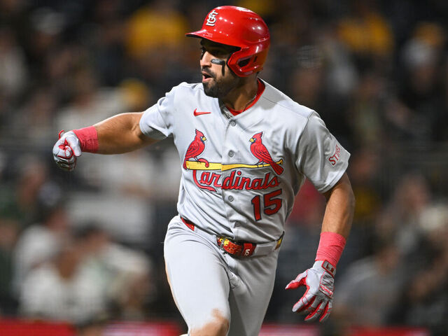 PITTSBURGH, PENNSYLVANIA - APRIL 27: José Fermín #15 of the St. Louis Cardinals celebrates hitting a two-run double during the ninth inning against the Pittsburgh Pirates at PNC Park on April 27, 2026 in Pittsburgh, Pennsylvania.