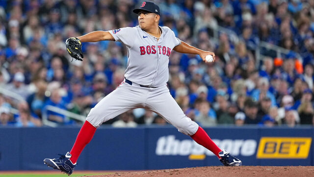 TORONTO, ON - APRIL 27: Ranger Suarez #55 of the Boston Red Sox pitches during the game between the Boston Red Sox and the Toronto Blue Jays at Rogers Centre on Monday, April 27, 2026 in Toronto, Ontario, Canada.