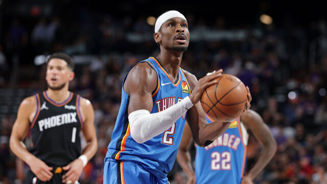 PHOENIX, AZ - APRIL 27: Shai Gilgeous-Alexander #2 of the Oklahoma City Thunder shoots a free throw during the game against the Phoenix Suns during Round One Game Four on April 27, 2026 at Mortgage Matchup Center in Phoenix, Arizona. Mandatory Copyright Notice: Copyright 2026 NBAE