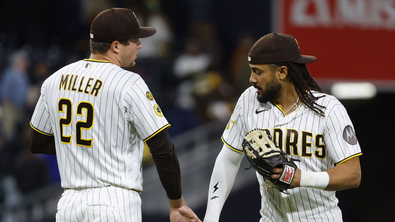 San Diego, CA - April 27: Mason Miller #22 of the San Diego Padres celebrates with Fernando Tatis Jr. #23 after a win against the Chicago Cubs at Petco Park on April 27, 2026 in San Diego, CA.