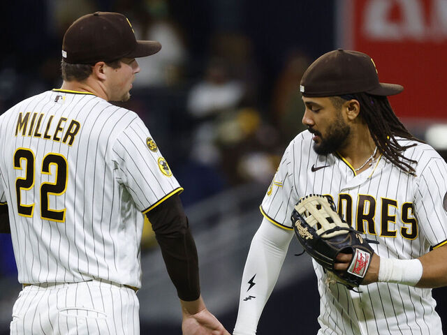 San Diego, CA - April 27: Mason Miller #22 of the San Diego Padres celebrates with Fernando Tatis Jr. #23 after a win against the Chicago Cubs at Petco Park on April 27, 2026 in San Diego, CA.