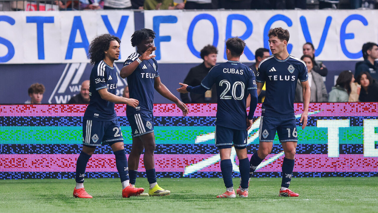VANCOUVER, BRITISH COLUMBIA - MARCH 15: Emmanuel Sabbi #11 of the Vancouver Whitecaps FC celebrates the fourth goal of the team during the match between Vancouver Whitecaps FC and Minnesota United FC at BC Place on March 15, 2026 in Vancouver, British Columbia.
