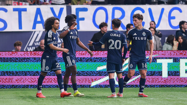 VANCOUVER, BRITISH COLUMBIA - MARCH 15: Emmanuel Sabbi #11 of the Vancouver Whitecaps FC celebrates the fourth goal of the team during the match between Vancouver Whitecaps FC and Minnesota United FC at BC Place on March 15, 2026 in Vancouver, British Columbia.