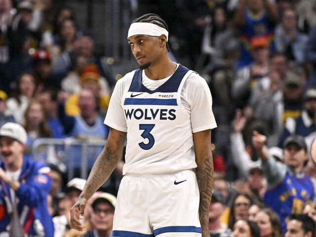 DENVER , CO - APRIL 27: Jaden McDaniels (3) of the Minnesota Timberwolves reacts to committing a foul against the Denver Nuggets during the third quarter of game five of their NBA Playoffs series on Monday, April 27, 2026.