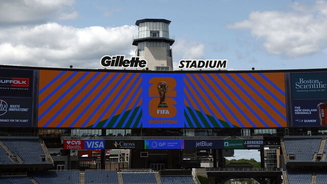 Foxborough, MA - June 2: The FIFA World Cup Boston 2026 logo on display at Gillette Stadium on June 2, 2025.