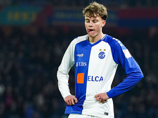 BASEL, SWITZERLAND - MARCH 05: Jonathan Asp Jensen of Grasshopper Club Zurich reacts during the Swiss Super League match between FC Basel 1893 and Grasshopper Club Zurich at St. Jakob-Park on March 05, 2026 in Basel, Switzerland.