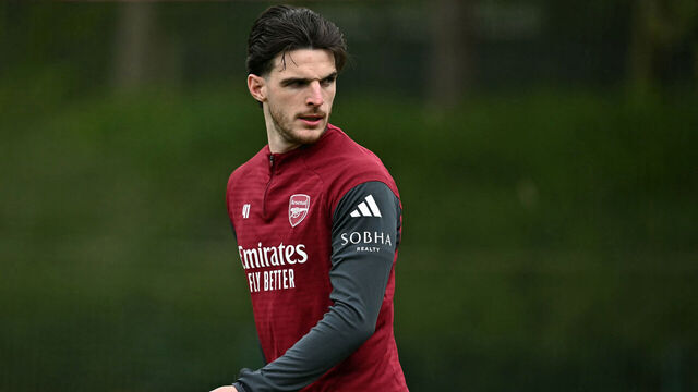 Arsenal's English midfielder #41 Declan Rice takes part in a team training session at London Colney, north of London, on April 28, 2026, on the eve of their UEFA Champions League, semi-final, first-leg football match against Atletico Madrid.