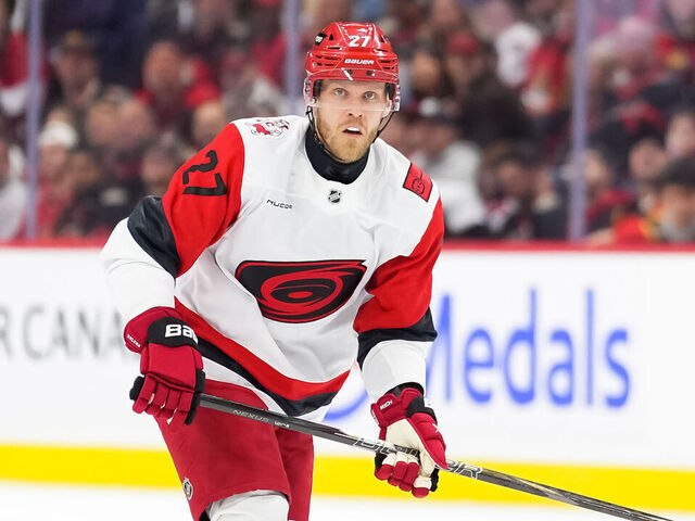 OTTAWA, CANADA - APRIL 23: Nikolaj Ehlers #27 of the Carolina Hurricanes skates against the Ottawa Senators in Game Three of the First Round of the 2026 Stanley Cup Playoffs at Canadian Tire Centre on April 23, 2026 in Ottawa, Canada.